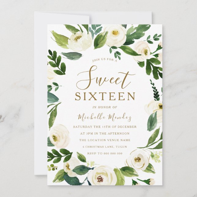 Modern White Floral Wreath Sweet 16 Party Invitation (Front)