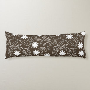 Modern White Flower Leaf Mocha Brown Body Pillow