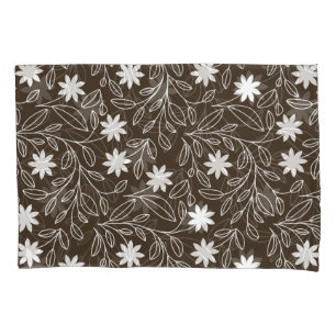 Modern White Flower Leaf Mocha Brown Pillowcase