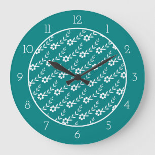 Modern white flower pattern and teal blue border large clock