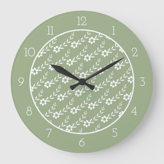 Modern white flower pattern sage green border large clock (Front)