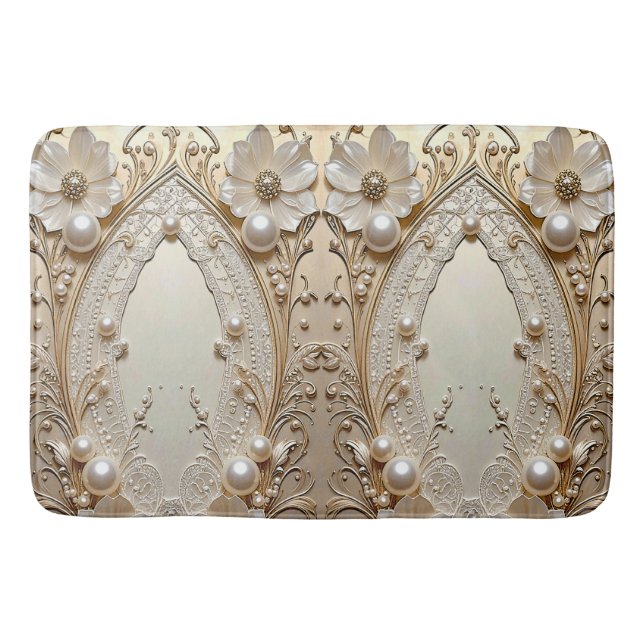 Modern White Flowers Pearls Bath Mat (Front)