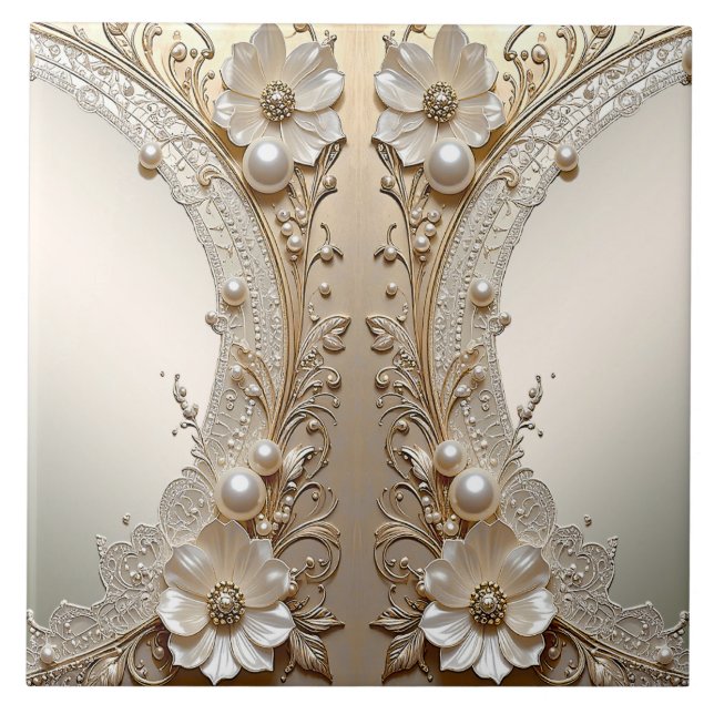 Modern White Flowers Pearls Ceramic Tile (Front)
