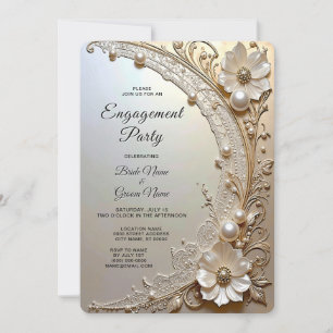 Modern White Flowers Pearls Engagement Invitation