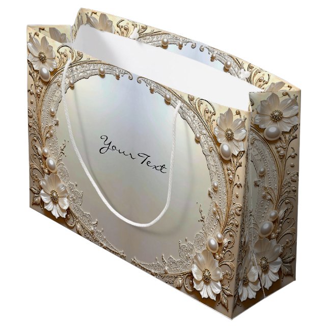 Modern White Flowers Pearls Gift Bag (Back Angled)
