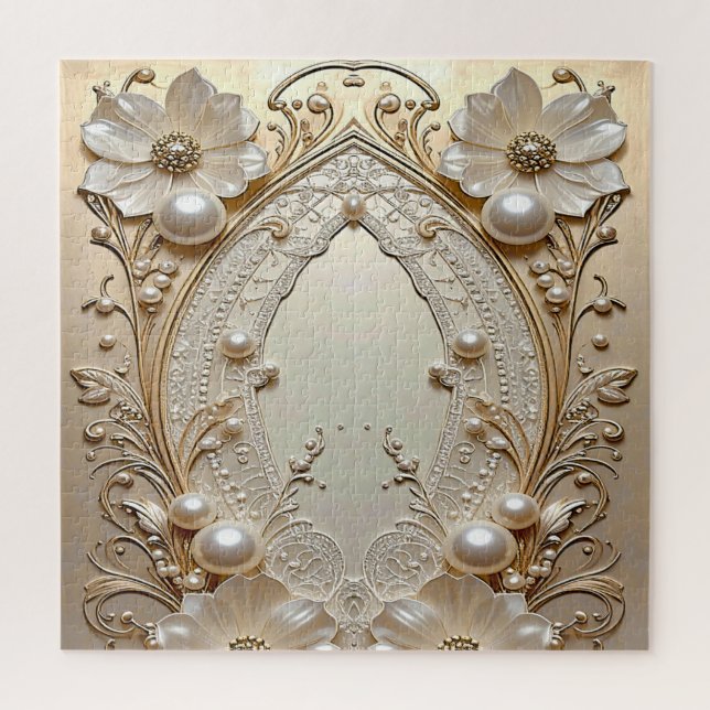 Modern White Flowers Pearls Jigsaw Puzzle (Vertical)