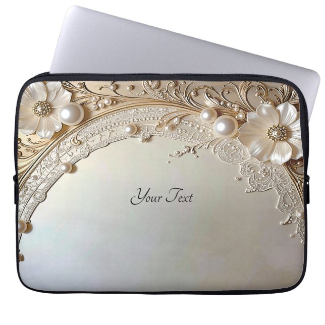 Modern White Flowers Pearls Laptop Sleeve (Front)
