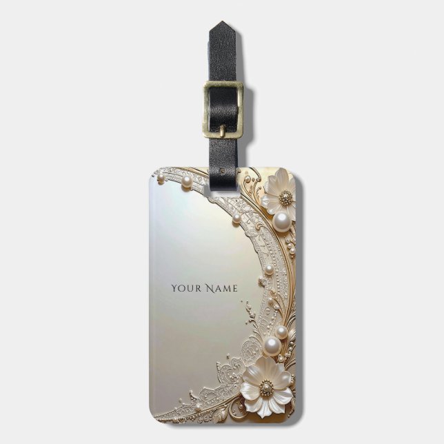 Modern White Flowers Pearls Luggage Tag (Front Vertical)
