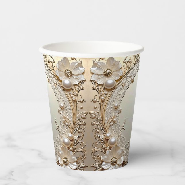 Modern White Flowers Pearls Paper Cups (Front)