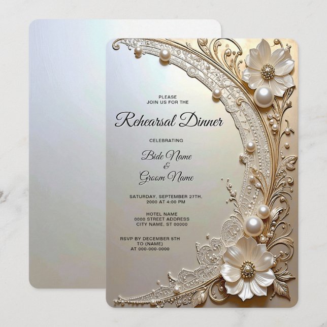 Modern White Flowers Pearls Rehearsal Dinner Invitation (Front/Back)