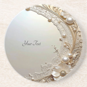 Modern White Flowers Pearls Sandstone Coaster