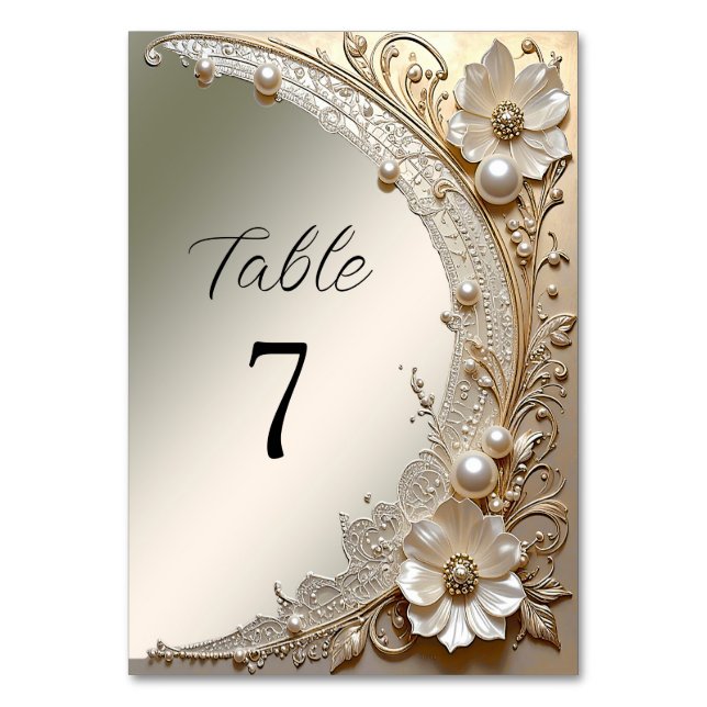 Modern White Flowers Pearls Table Number (Front)