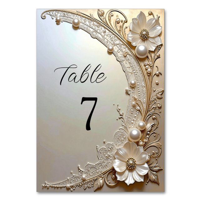 Modern White Flowers Pearls Table Number (Front)