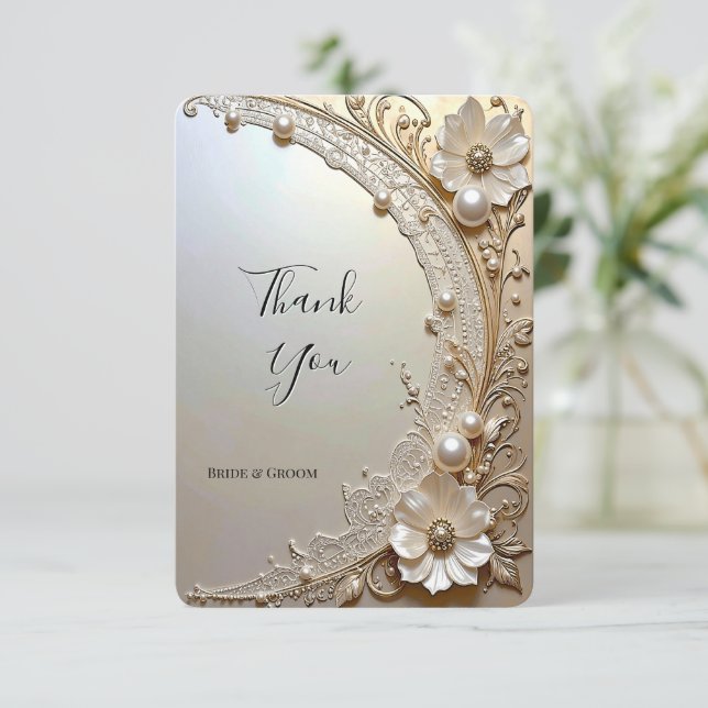 Modern White Flowers Pearls Thank You Card (Standing Front)
