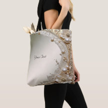 Modern White Flowers Pearls Tote Bag