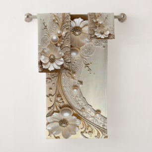 Modern White Flowers Pearls Towel Set