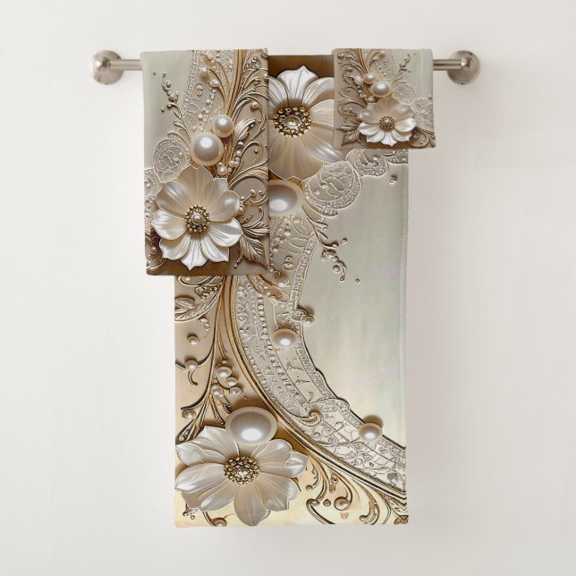 Modern White Flowers Pearls Towel Set (En situation)
