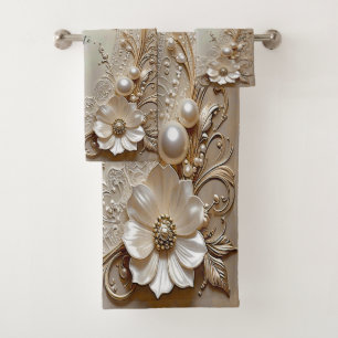 Modern White Flowers Pearls Towel Set