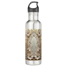 Modern White Flowers Pearls Water Bottle