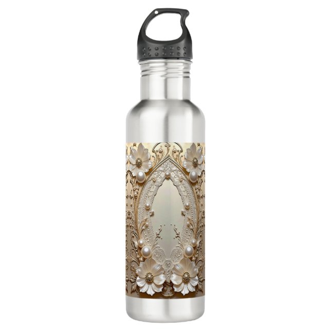 Modern White Flowers Pearls Water Bottle (Front)