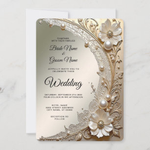 Modern White Flowers Pearls Wedding Invitation