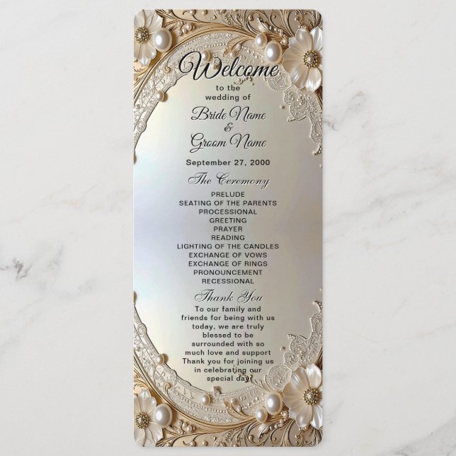 Modern White Flowers Pearls Wedding Program (Front)