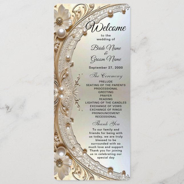 Modern White Flowers Pearls Wedding Program (Front)