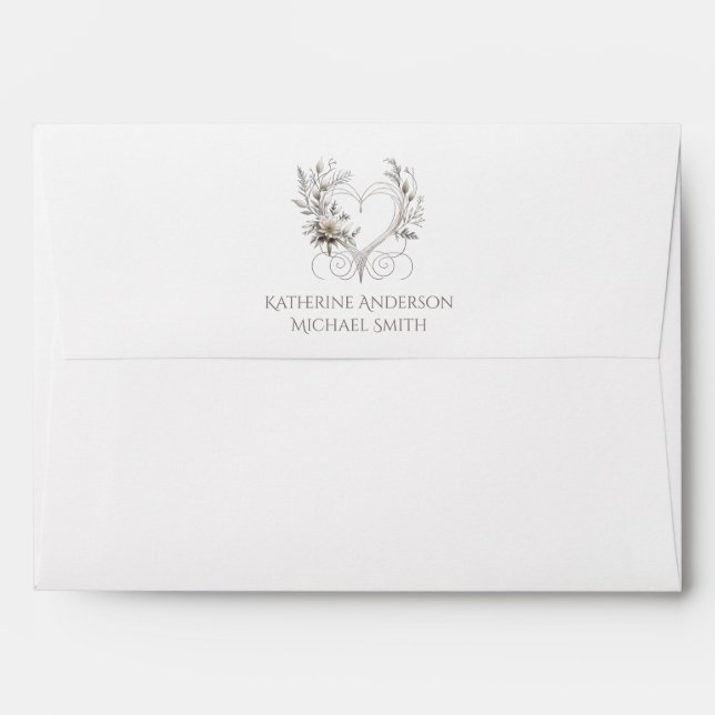Modern White Flowers with a Heart Wedding Envelope (Back (Top Flap))