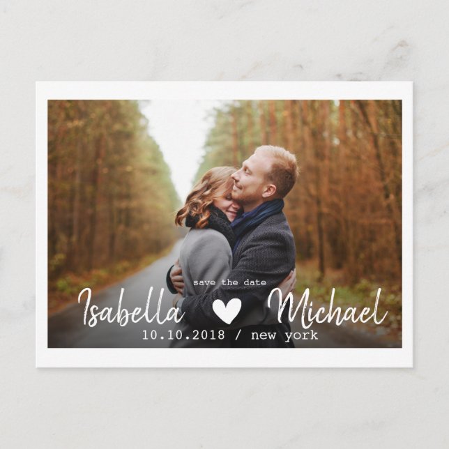 Modern white frame heart PHOTO  SAVE THE DATE Announcement Postcard (Front)