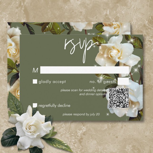 Modern White Gardenias on Sage Sparkle QR Code RSVP Card (Modern White Gardenias on Sage Sparkle QR Code RSVP Card)