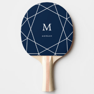 Modern White Geometric and Monogram   Navy Blue Ping Pong Paddle