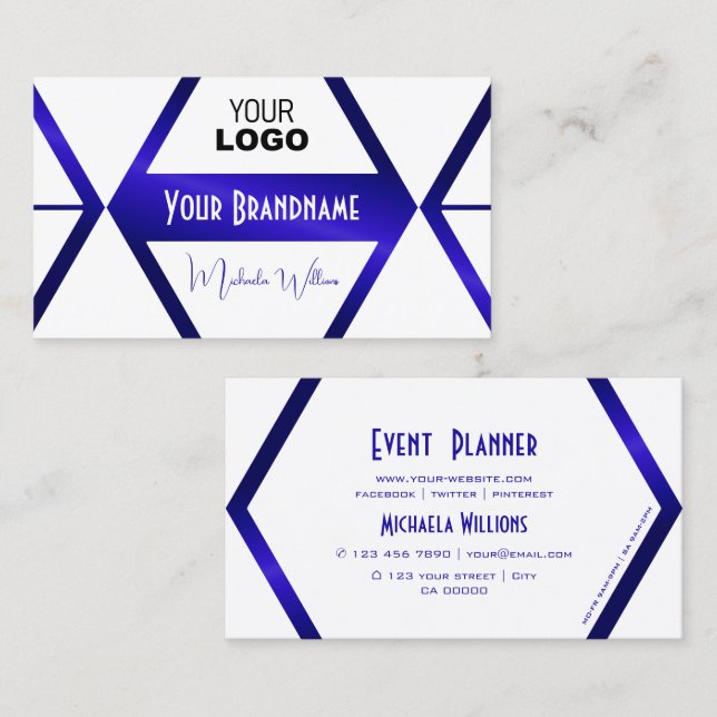 Modern White Geometric Blue Shimmer Cool with Logo Business Card (Front/Back)
