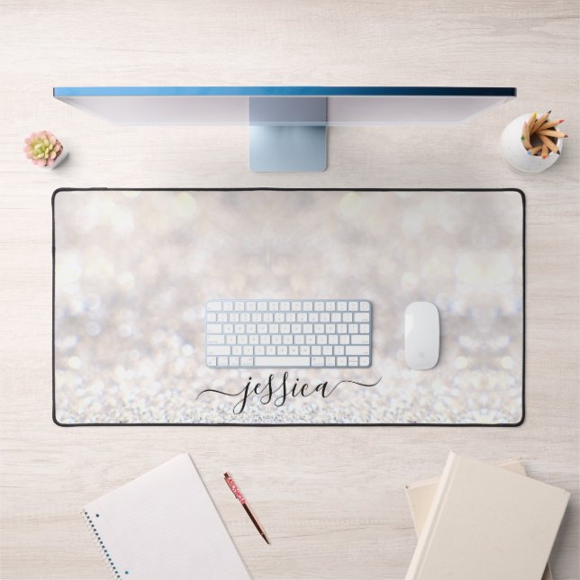 Modern white glitter script name desk mat (Office 1)