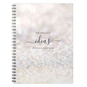 Modern white glitter script name notebook