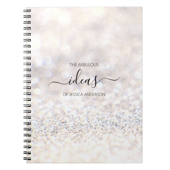 Modern white glitter script name  notebook (Front)