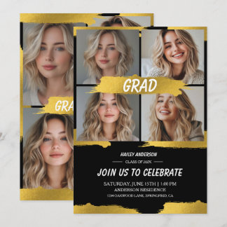 Modern White Gold 4Photo Graduation Party Invitation