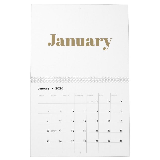 Modern white gold bold typography month 2024 calendar (Jan 2026)