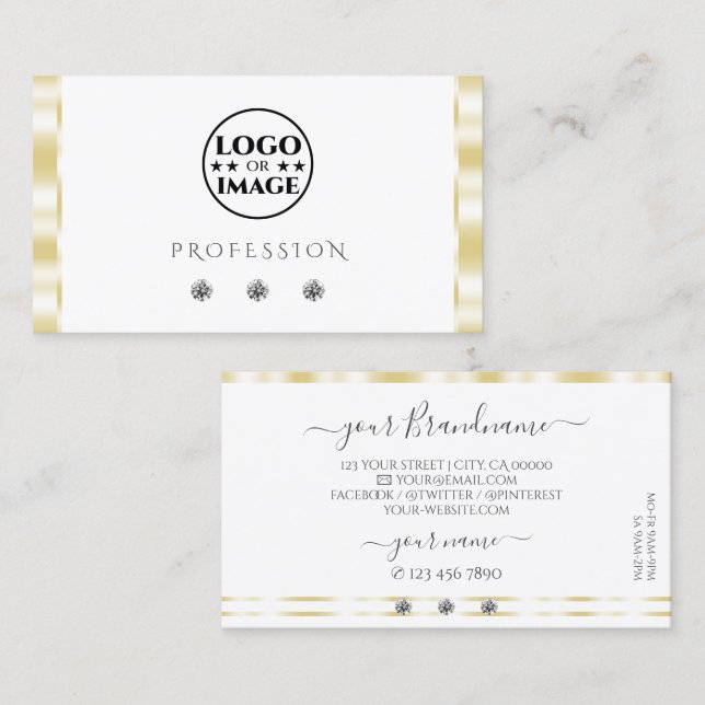 Modern White Gold Border Sparkle Diamonds Add Logo Business Card (Front/Back)