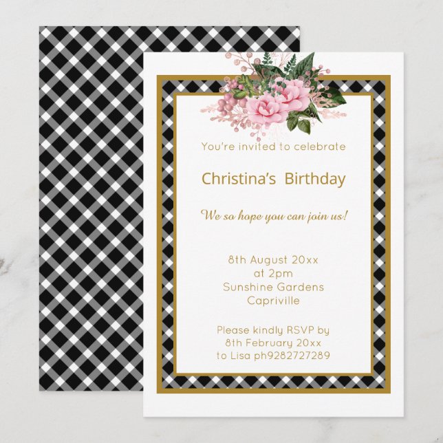 MODERN WHITE GOLD CHECK LAYER FLORAL ALL OCCASSION INVITATION (Front/Back)