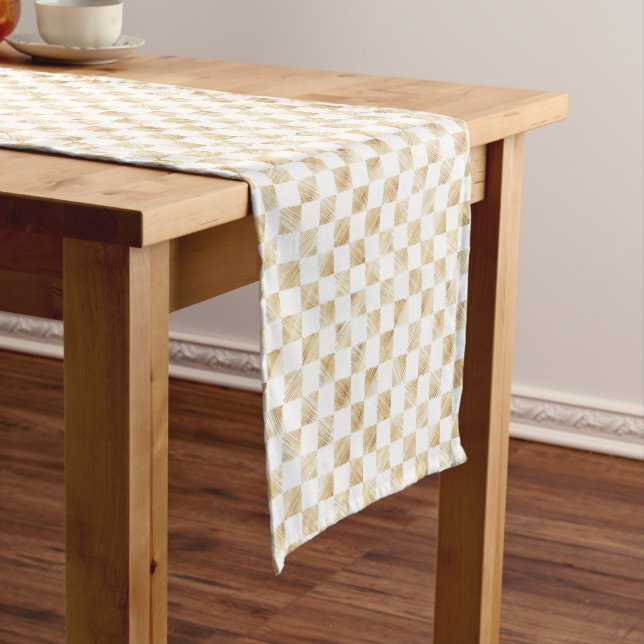 Modern White Gold Chequerboard Pattern Short Table Runner (In Situ)