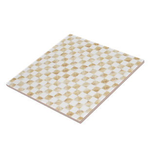 Modern White Gold Chequerboard Pattern Tile