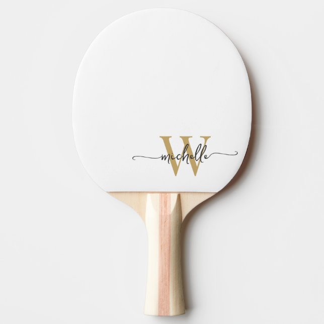 Modern White Gold Custom Monogram Name Script Ping Pong Paddle (Front)