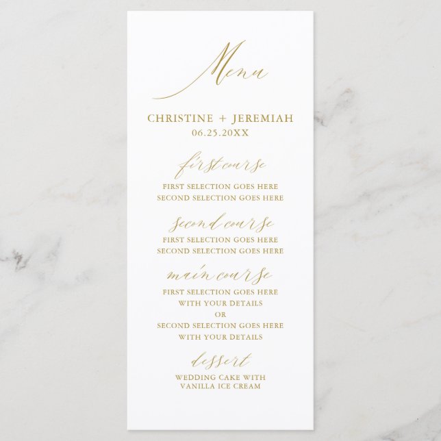 Modern White Gold Elegant Script Wedding Menu (Front)