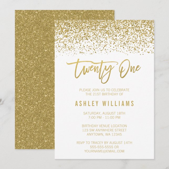 Modern White Gold Faux Glitter 21st Birthday Invitation (Front/Back)