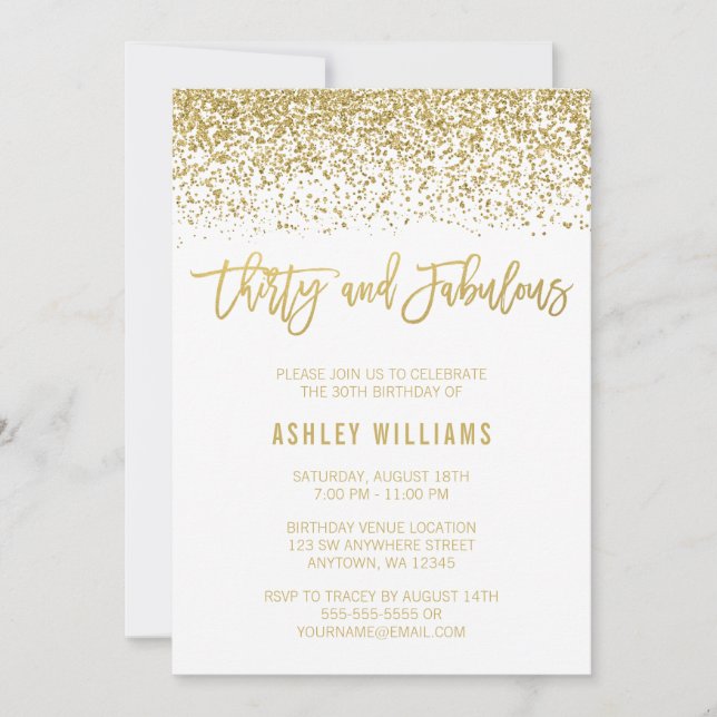 Modern White Gold Glitter 30 Fabulous Birthday Invitation (Front)
