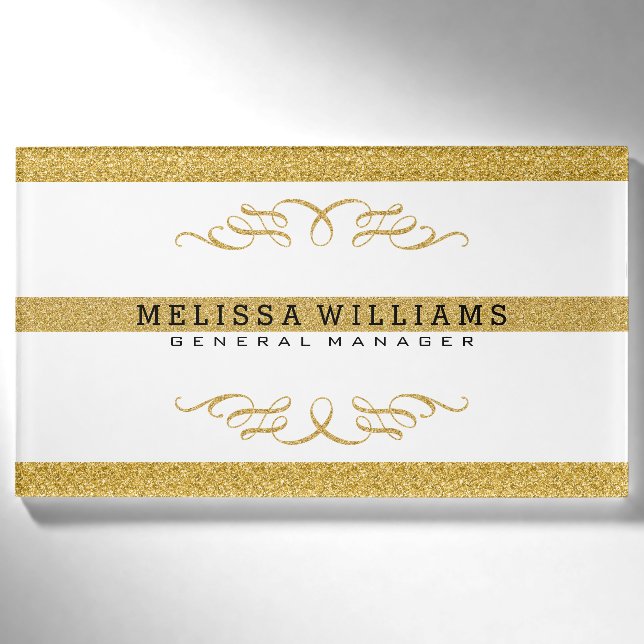 Modern White & Gold Glitter & Swirls Design Name Tag (Front)