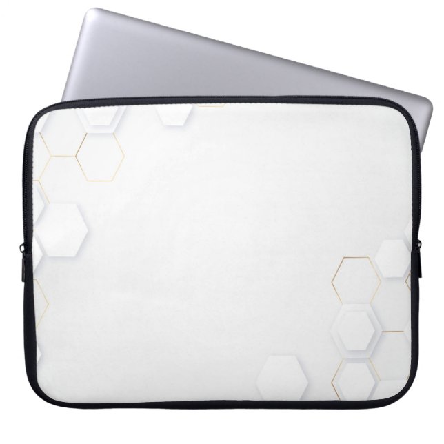 Modern White-Gold Hexagonal Pattern Laptop Sleeve (Front)