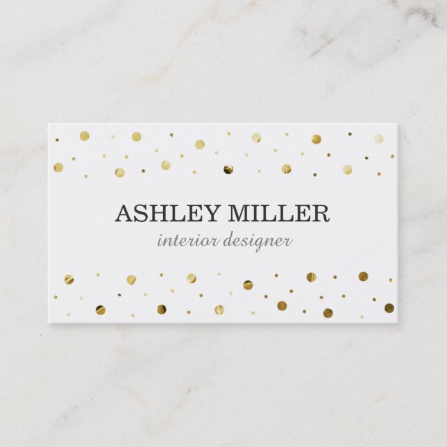 Modern White & Gold Leaf Polka Dot Business Card (Front)