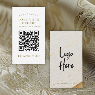 Modern White Gold Logo QR Code Leave a Review Business Card