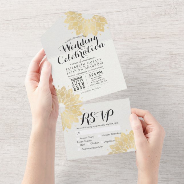 Modern White Gold Mandala Flower Chic Wedding RSVP All In One Invitation (Tearaway)